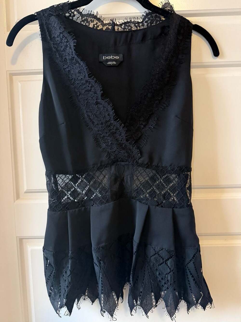 Vintage Y2K Bebe Black Lace Peplum Top Eyelash Fringe Size Small - Picture 2 of 11